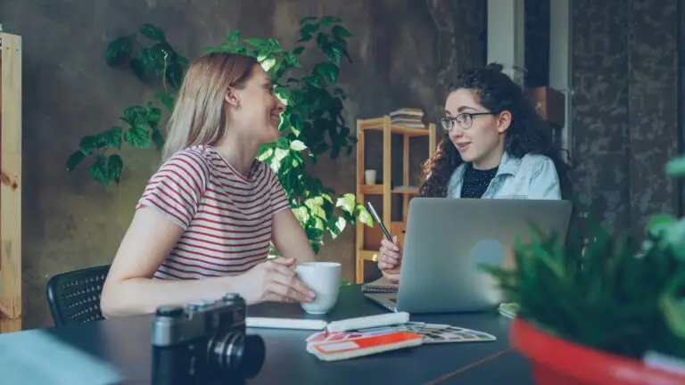 Two women discussing work at a laptop